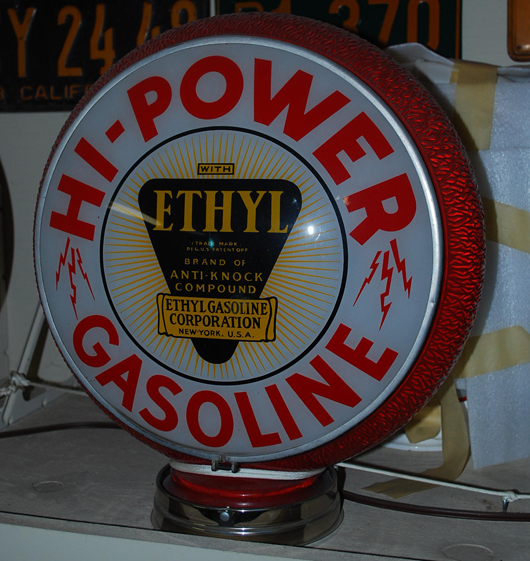 Hi-Power Gasoline globe with ethyl logo lenses in the original red ripple glass body, $2,760. Matthews Auctions image.